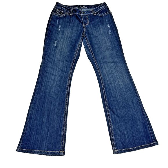 INC Curvy Fit Boot Leg Women's 10 Long Dark Wash Blue Denim Jeans Distressed - Picture 10 of 14